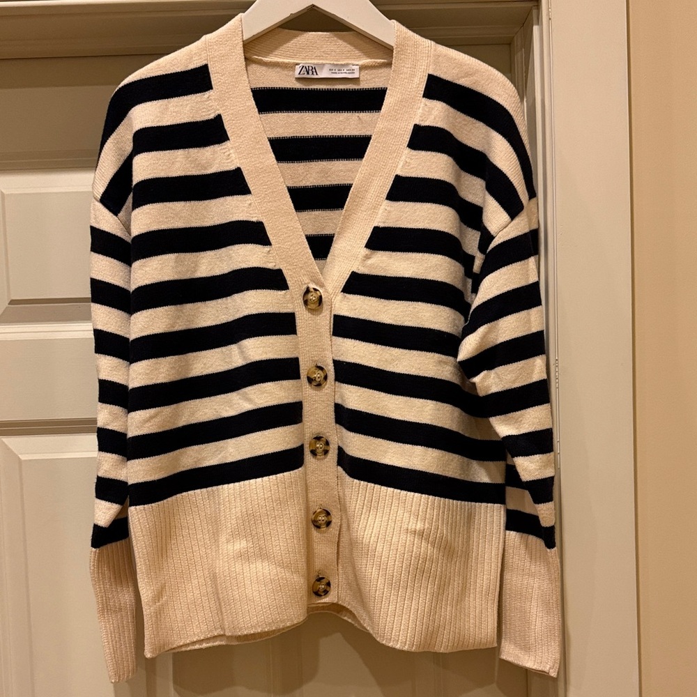 Zara Women's Dark Navy and Cream Striped oversized Cardigan